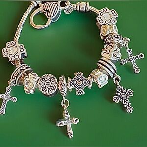 Premier Designs NIB Silver-tone Cross Charms Bracelet w/ Extension Fleur De Lis